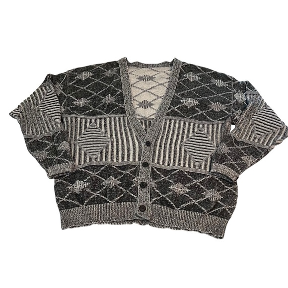 Vintage Other - Vintage Men’s Black & Gray Geometric Knit Cardigan Sweater USA Made